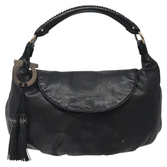 Salvatore Ferragamo Shoulder Bag Leather Black Silver Auth 123376 - Picture 1 of 15